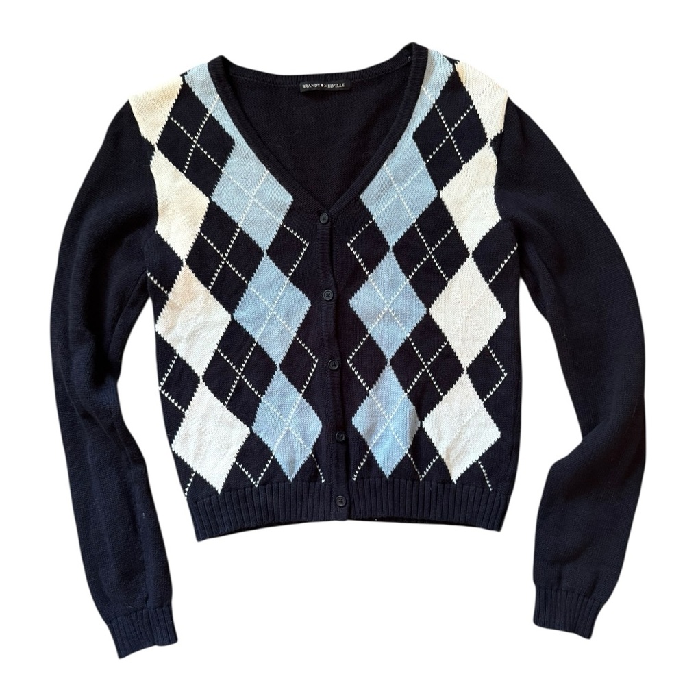 BRANDY MELVILLE Elizabeth Cardigan Blue Argyle Button Down Womens Medium